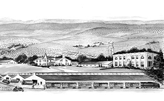 Vintage panoramic photo of old Stark Bro's buildings