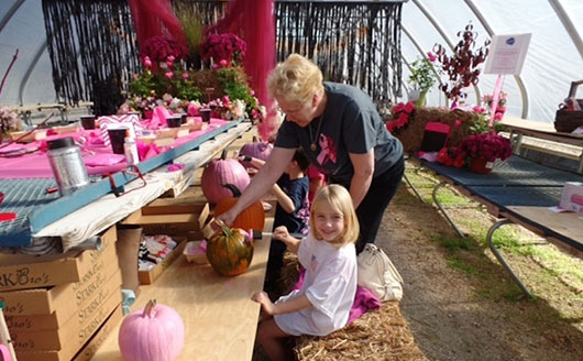 Lady and child painting pumpkins pink