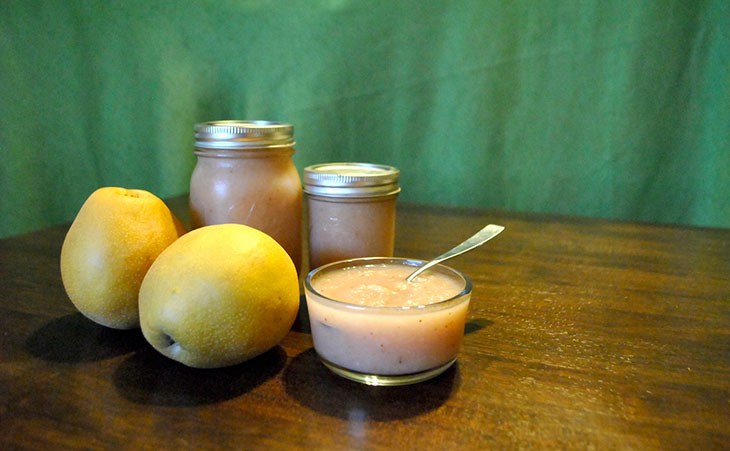 Asian Pear Sauce in a bowl next to fresh fruit
