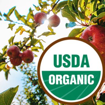 USDA Organic Badge with fruit trees in the background