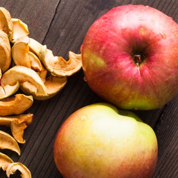 Large apples next to dried apples