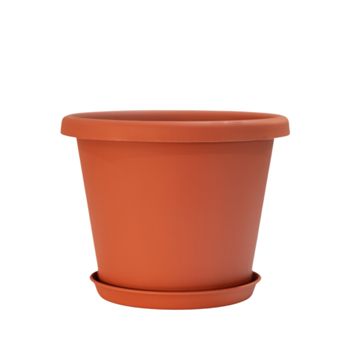 Photo of brown pot and saucer.