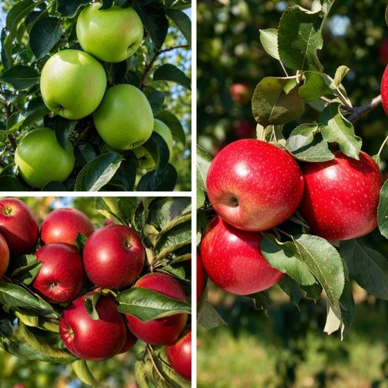 Three apple trees, one with green apples and two with red apples