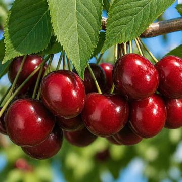 Group of red cherries on tree