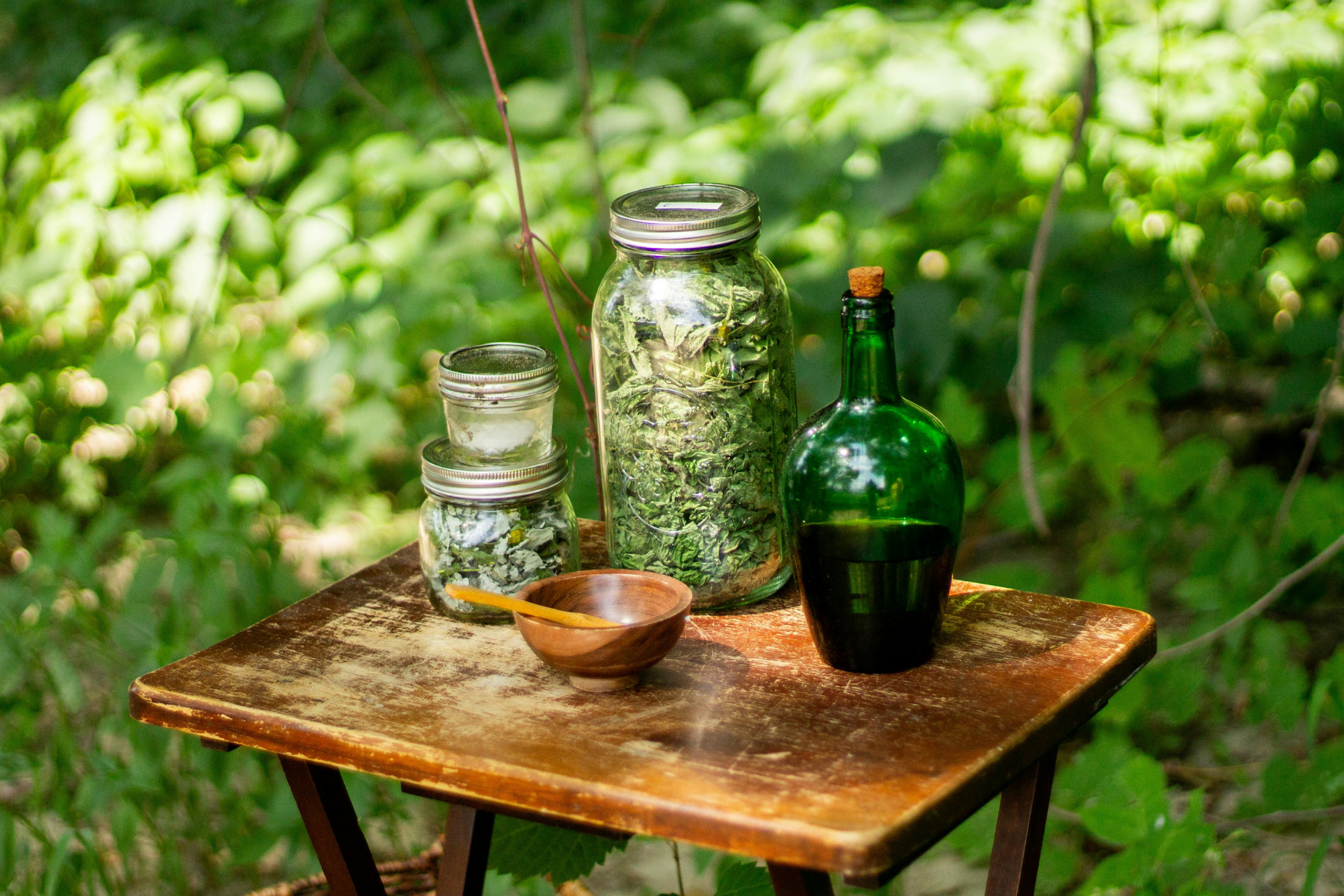 Read the full article Apothecary plants and jars on table in garden